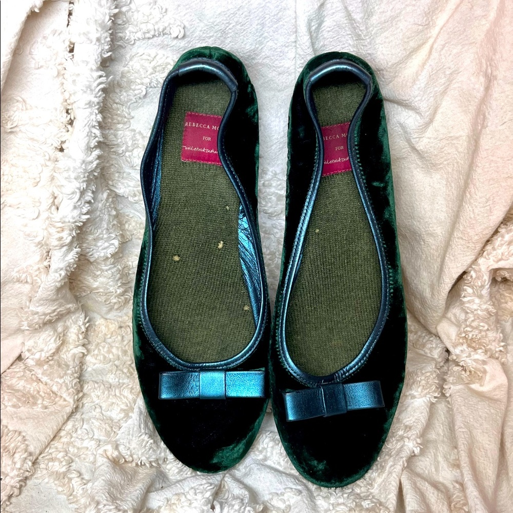 ADORABLE Emerald and Blue Velvet, Cashmere, Leather Flats by Rebecca Moses